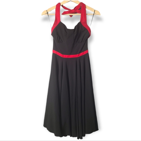 Rock Steady Swing Flare Black and Red Pinup Halter Dress - Picture 3 of 8